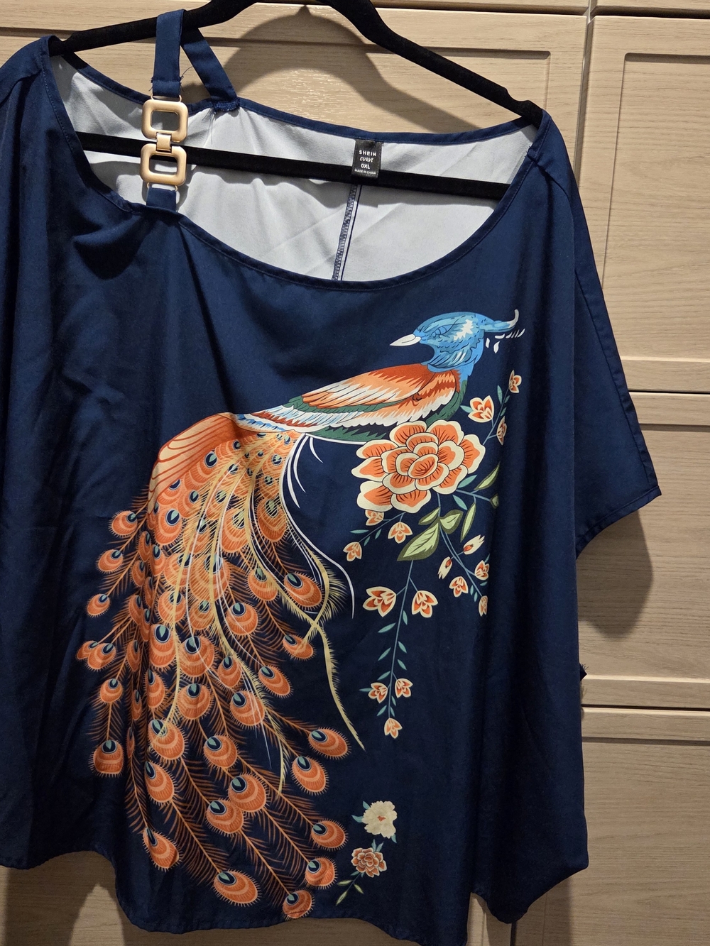 Navy Peacock-Print Women's Top - Elegant Floral Design